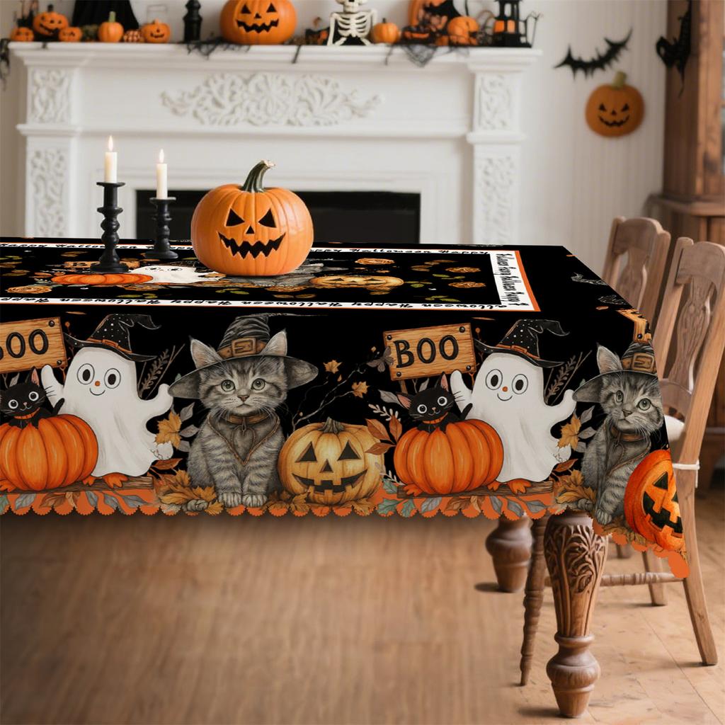 Pumpkin lantern, cat witch hat, dried leaves, Halloween tablecloth, suitable for rectangular and round tableszyc