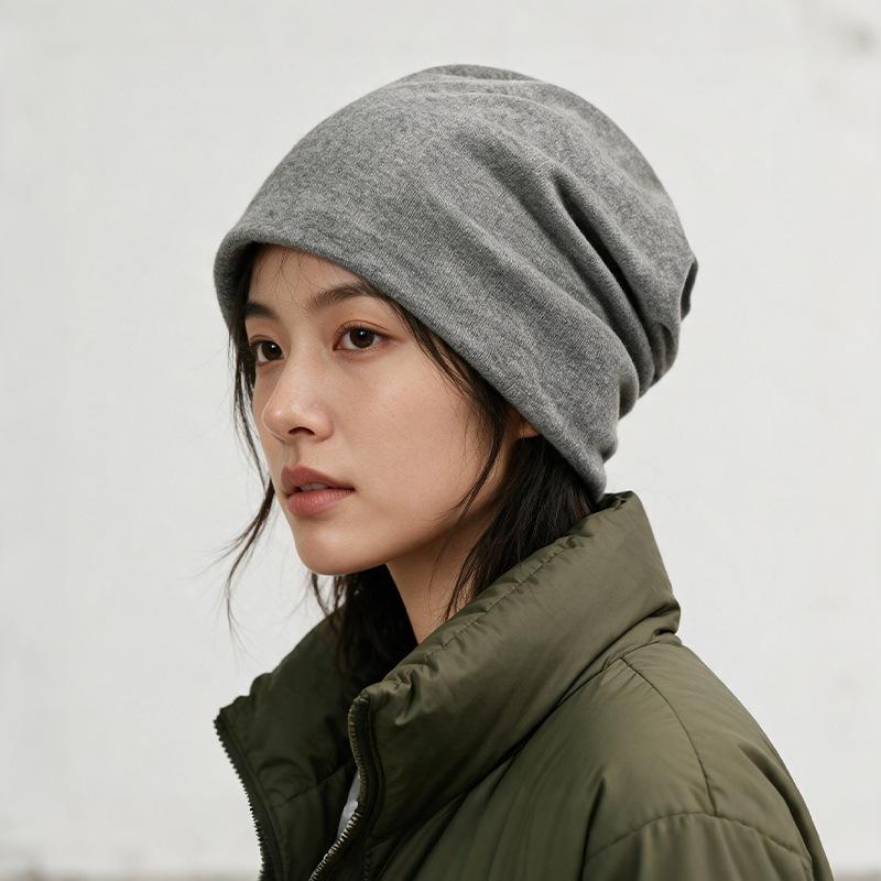 Unisex Korean-Style Double Layer Slouchy Beanie - Autumn/Winter Solid Color with Cloth Label