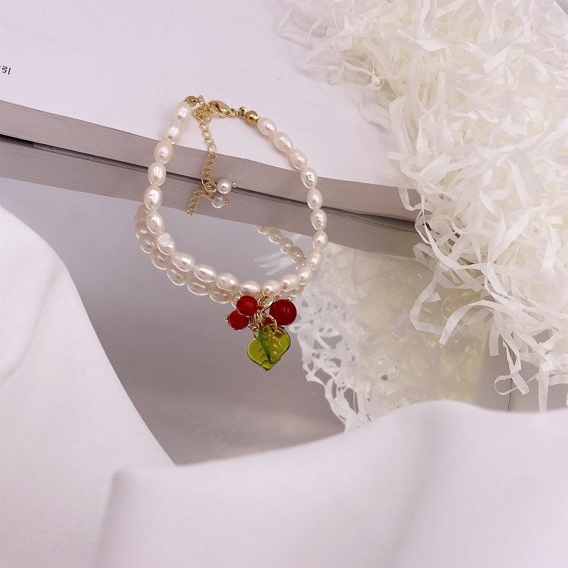 Vintage Natural Pearl Cherry Necklace Neck Chain Girl Mori Necklace New Women's Niche Design Sense Collarbone Chain Women