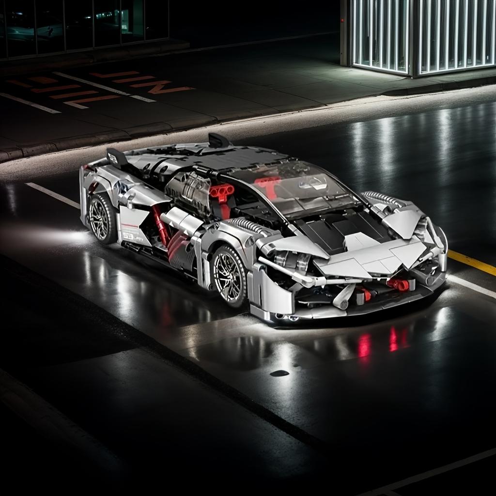 1/14 Lamborghini Silver Mechanical Supercar Building Blocks, Collectibles for Sports Car Lovers, Holiday Birthday Surprise Gifts