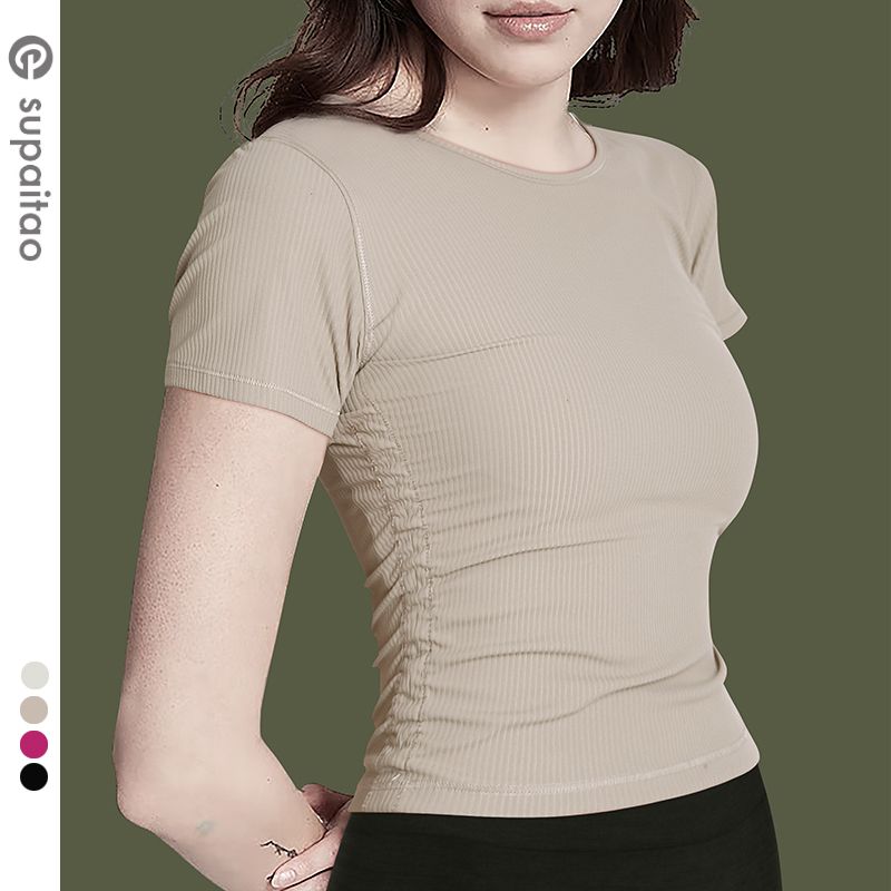 

Supaitao Slim Looking Yoga Clothing Top Quick-Drying Women s Short Sleeve Khaki L