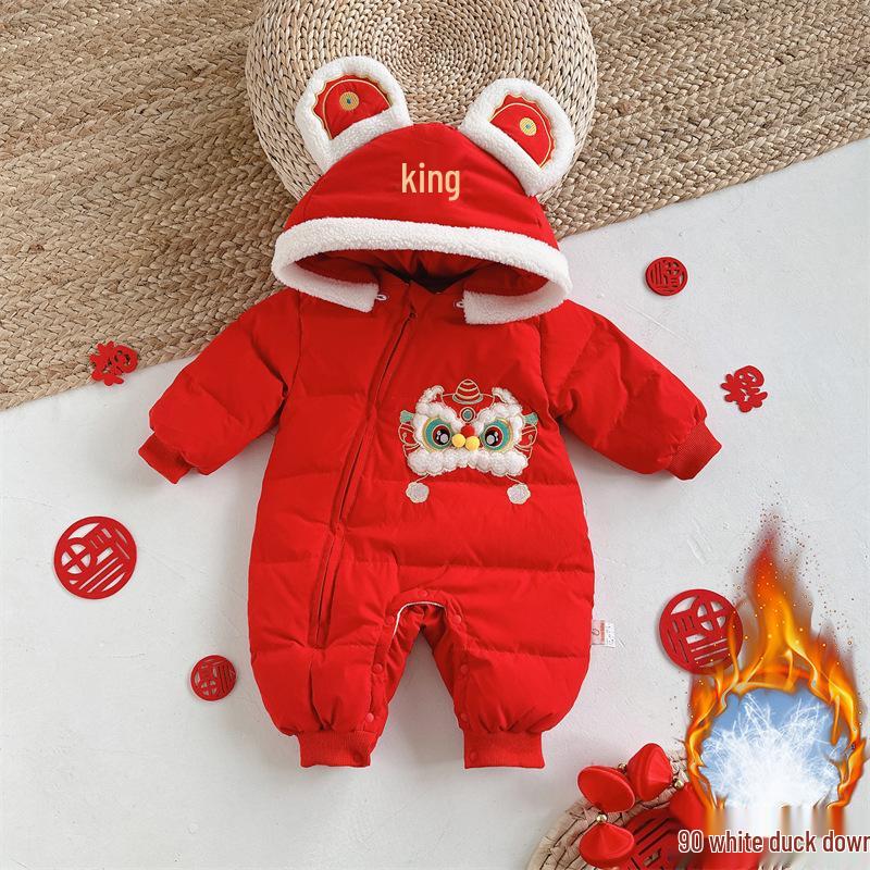 Baby Winter Festive Red Duck Down Romper - 100-Day Full Moon Celebration 66 cm