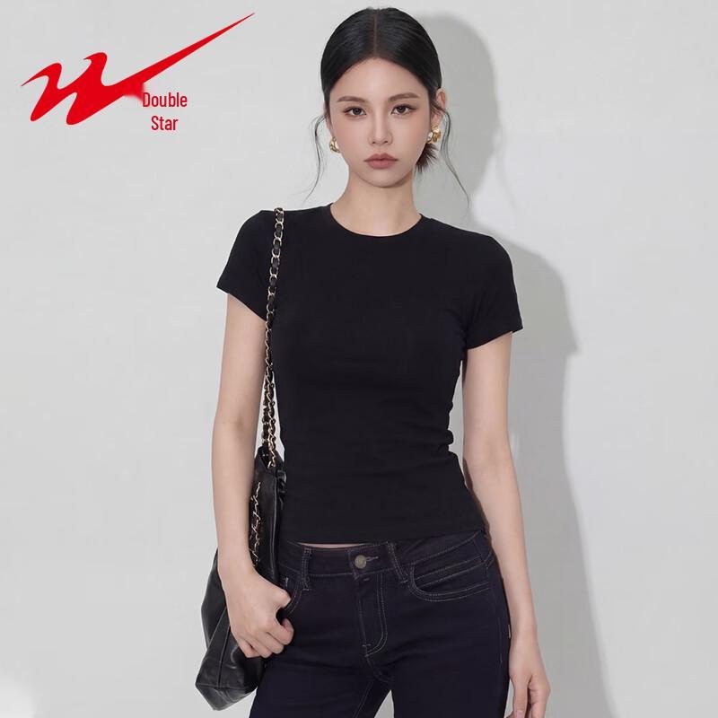 Shuangxing Women's Ribbed Round Neck Slim-Fit T-Shirt