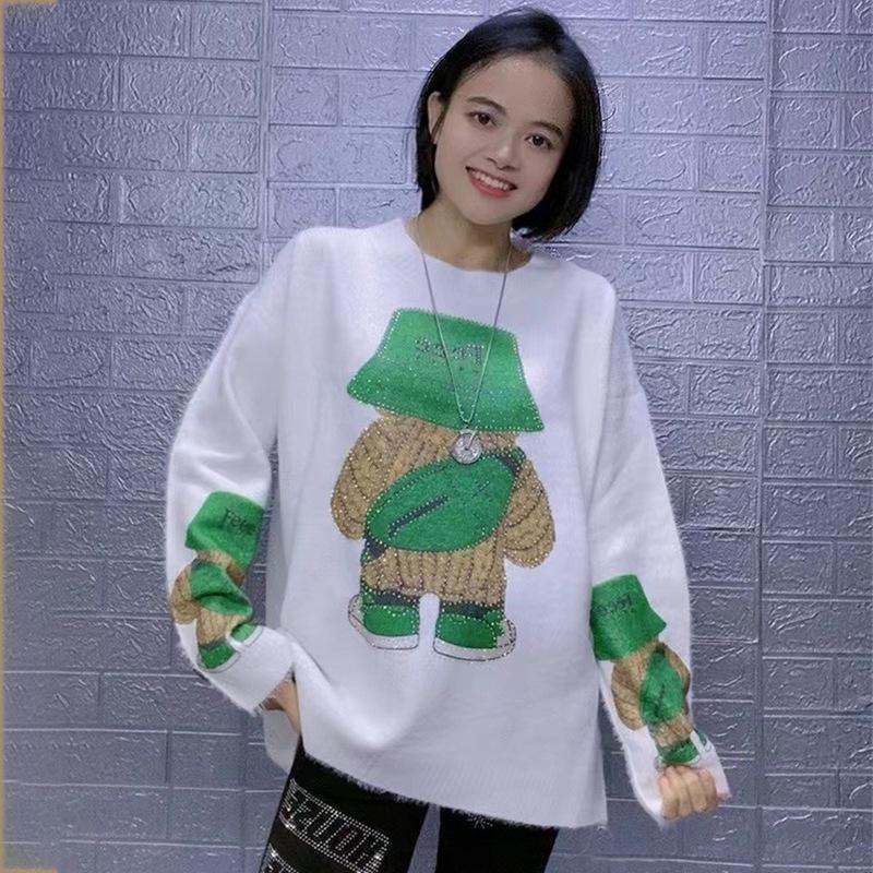 2023 Autumn/Winter Bear Rhinestone Mink Velvet Sweater - Women's Soft, High-Class Feel Printed Top