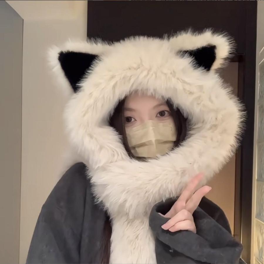 Thick Fleece Fox Ears Hat for Women Winter Scarf Set New Warm Face-lifting Red Army Cap