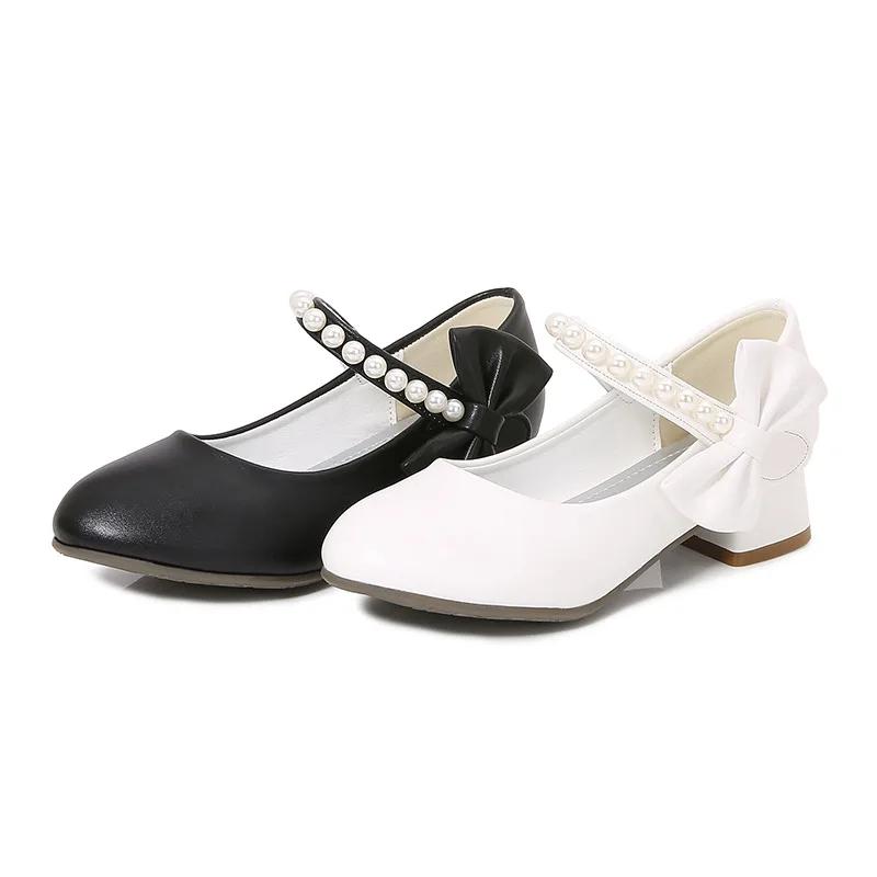 Children's Leather Shoes Elegant Girl Princess Shoes with Bowknot Fashion Chic Versatile Kids Party High-heels Shoes Black White