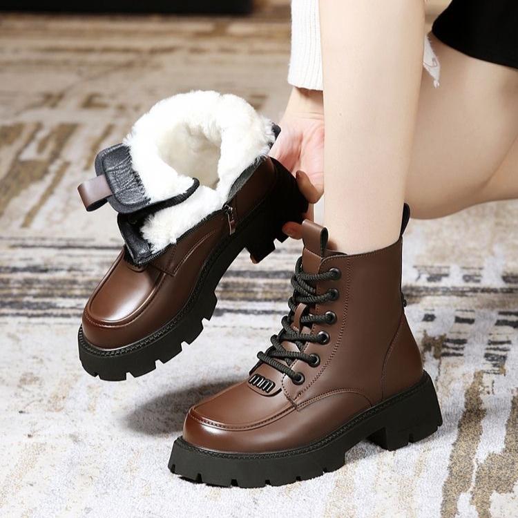Kožené a kožešinové integrované sněhule pro ženy Zimní vlněné boty pro ženy Retro teplé bavlněné boty se silnou podrážkou s plyšovými a silnými bavlněnými botami