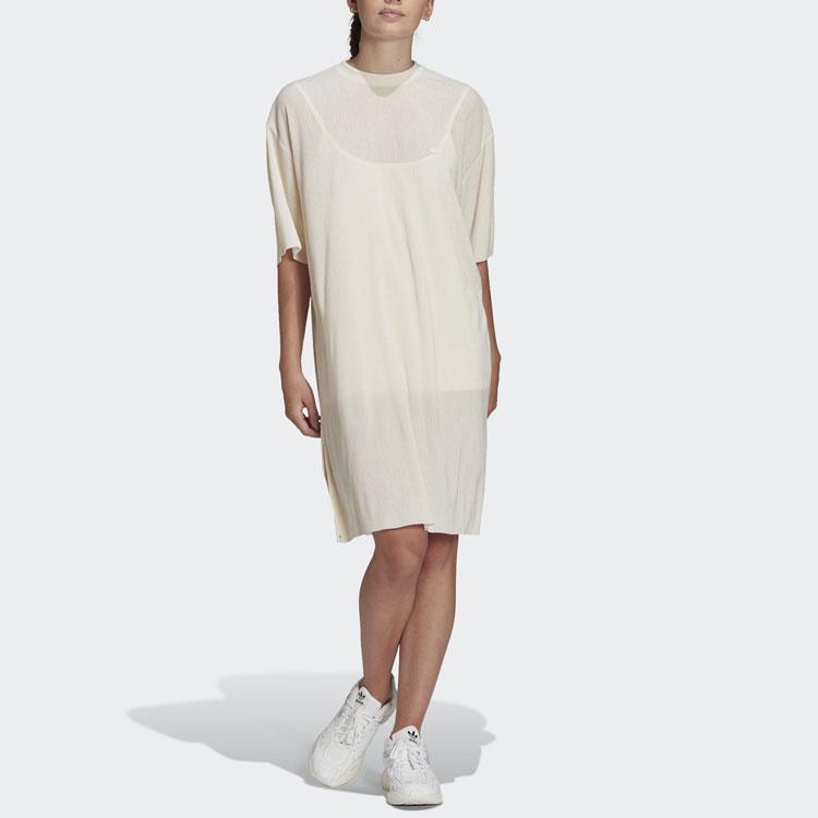 Adidas Originals Adicolor Solid Color Straight Cut Short Sleeve Dress Women dresses Beige HF7547