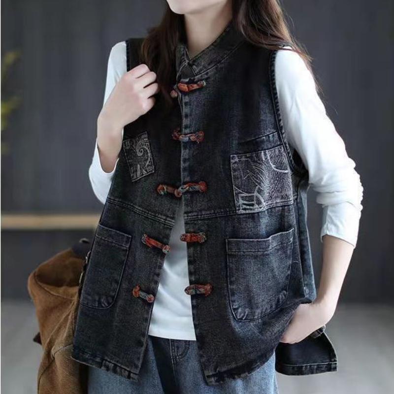 Denim Vest Women's Spring and Summer Literature and Art Retro Large Size Ethnic Style Plate Buckle Outer Wear Vest Outer Wear Casual Waistcoat