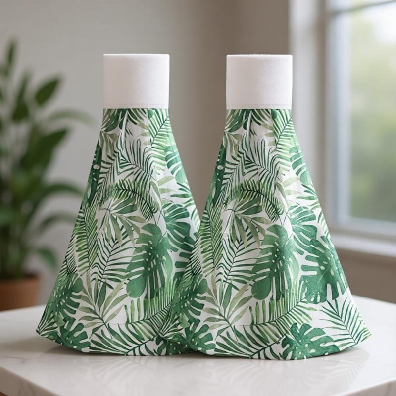 2Pcs Space Saving Hanging Hand Towels Quick Dry Absorbent Leaf Pattern Kitchen Tie Towel Dish Cloth with Hanging Loop