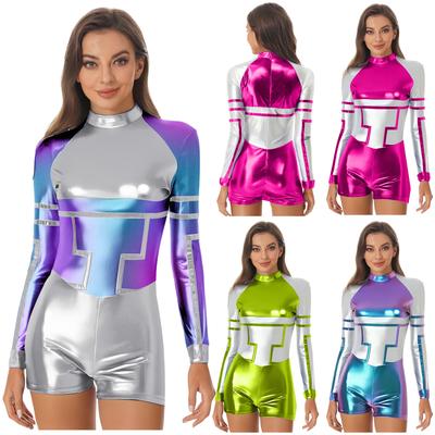 S-3XL Women Halloween Alien Robot Jumpsuit Contrast Color Metallic Shiny Long Sleeve Back Zip Bodysuit for Astronaut Space Themed Party