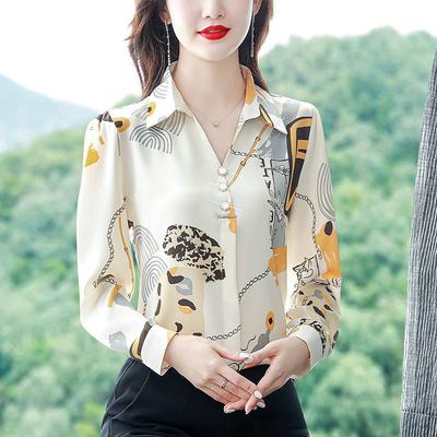Elegante Blusa in Chiffon Primaverile da Donna a Maniche Lunghe Camicia alla Moda Top Nascondi Pancia per Mamma di Mezza Età