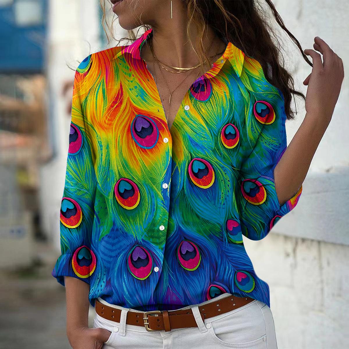 

Блузка с принтом павлиньих перьев для женщин, весна-осень, женская, офисная, на пуговицах, с отложным воротником M темно-синий