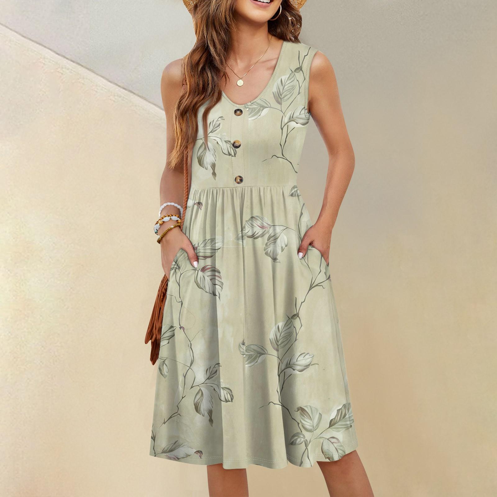 

Женское повседневное модное сексуальное платье с v-образным вырезом и пуговицами без рукавов с цветочным принтом XXXL хаки