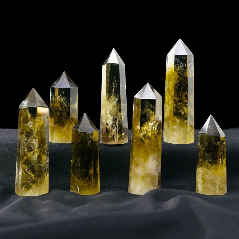 Unique Natural Crystal Exquisite Yellow Gem Home Decor Hexagonal Wand Column  Point Citrine Obelisk
