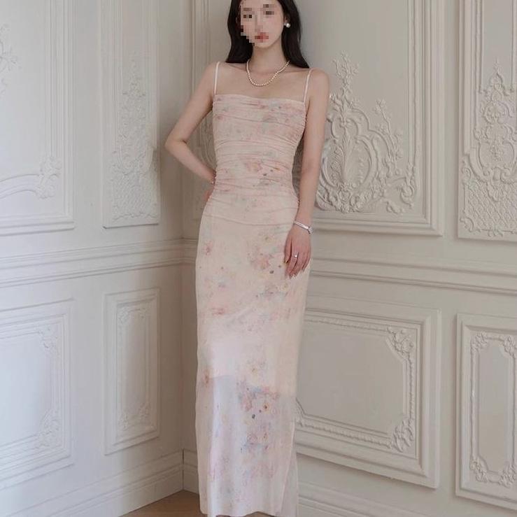 Off-Shoulder Floral Maxi Dress for Women, Slimming Mesh Waist, Gentle Summer Style