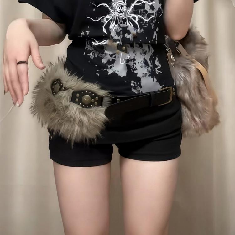 90s Faux Leather Belt Plush Furry Trim Waistband Cowgirl Punk Waist Girdle Creative Waist Ornament Clothing Accessory