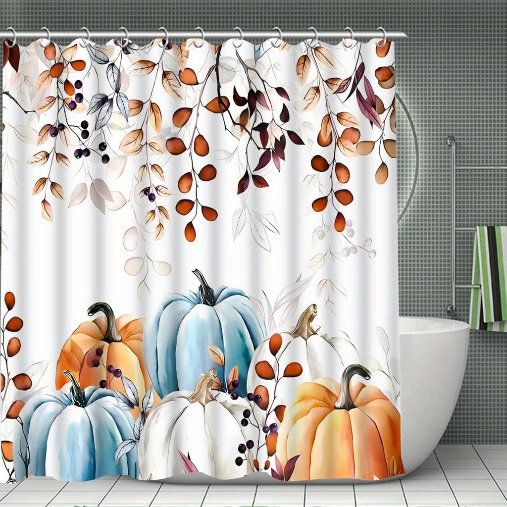 Pumpkin Falling Leaves Shower Curtain Set Waterproof Polyester Bath Curtain and Toilet Floor Mat with Free 12 Hooks