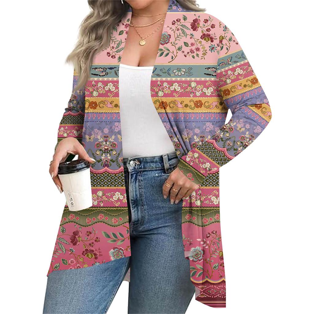 Women's Fall And Winter Fashion Casual Print Long Sleeve Mid-Length Cardigan Jacket