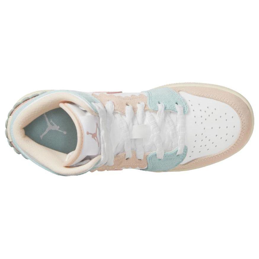 Buty sportowe Air Jordan 1 Mid SE GS z falowanym brzegiem dla dzieci zielono-biało-różowe Oxford DZ5361-100