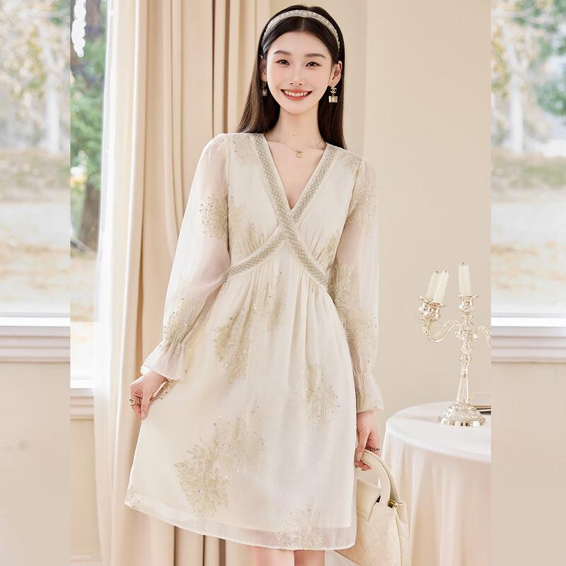 Elegant V-Neck Long-Sleeve Midi Dress M