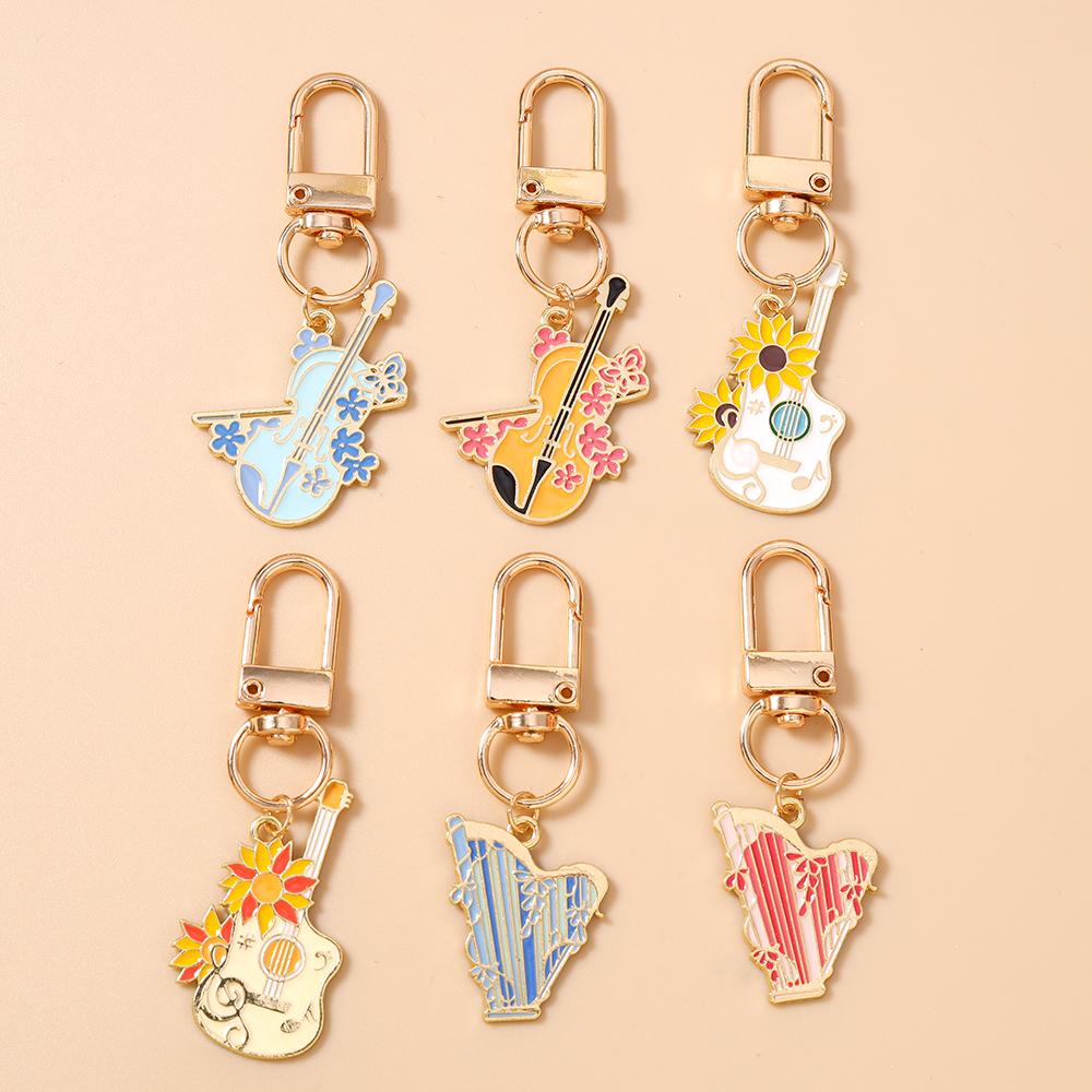 Cute Enamel Music Instrument Key Chain Guitar Violin Key Ring Pendants for Women Girls Handbag Decor DIY Handmade Jewelry Gift
