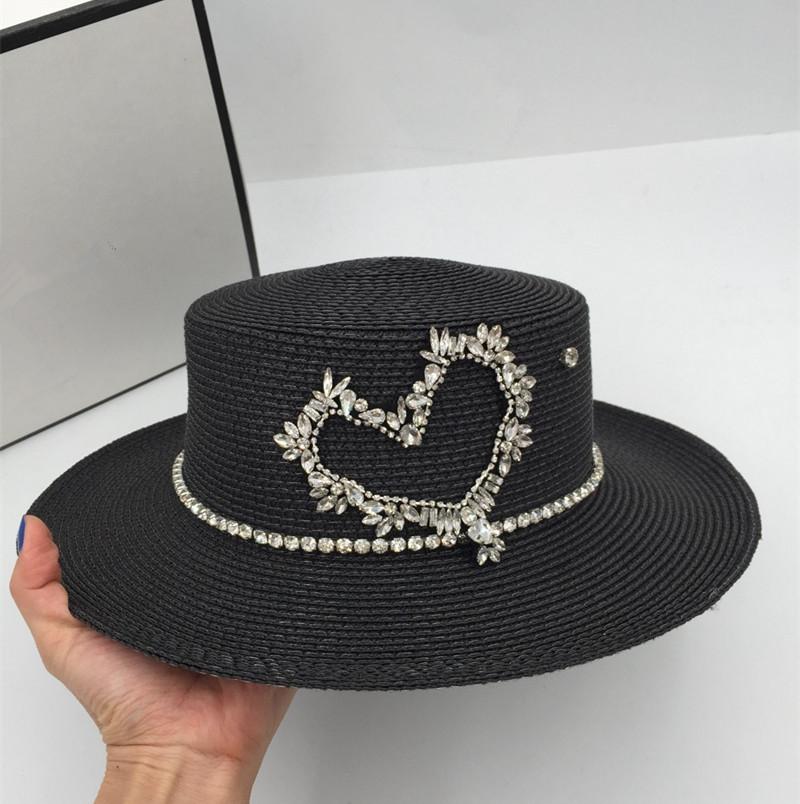 Summer Designer Heart Shape Rhinestones Chain Shiny Paper Grass Lady Fedoras Cap Women Panama Jazz Hat