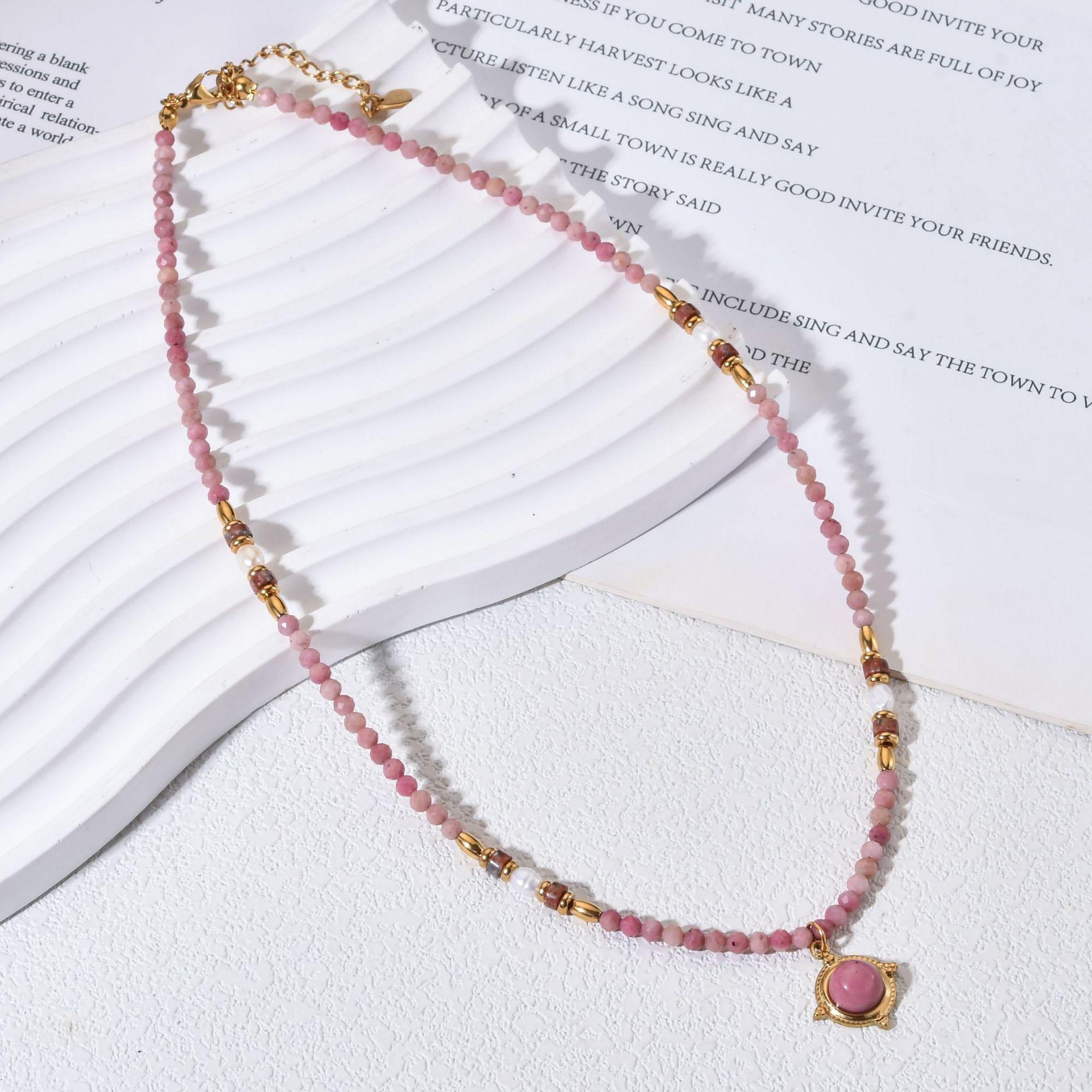 Pink Red Stripe Titanium Sun Pendant Necklace with Natural Stone Beads