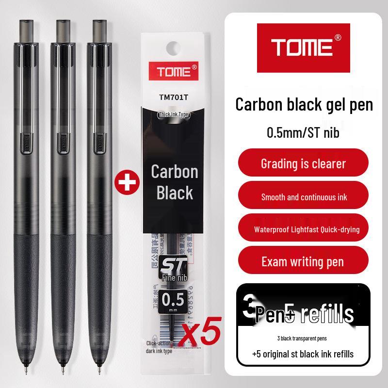 TOME TM701 Carbon Black Click Gel Pen, 0.5mm, Black Ink for Exams