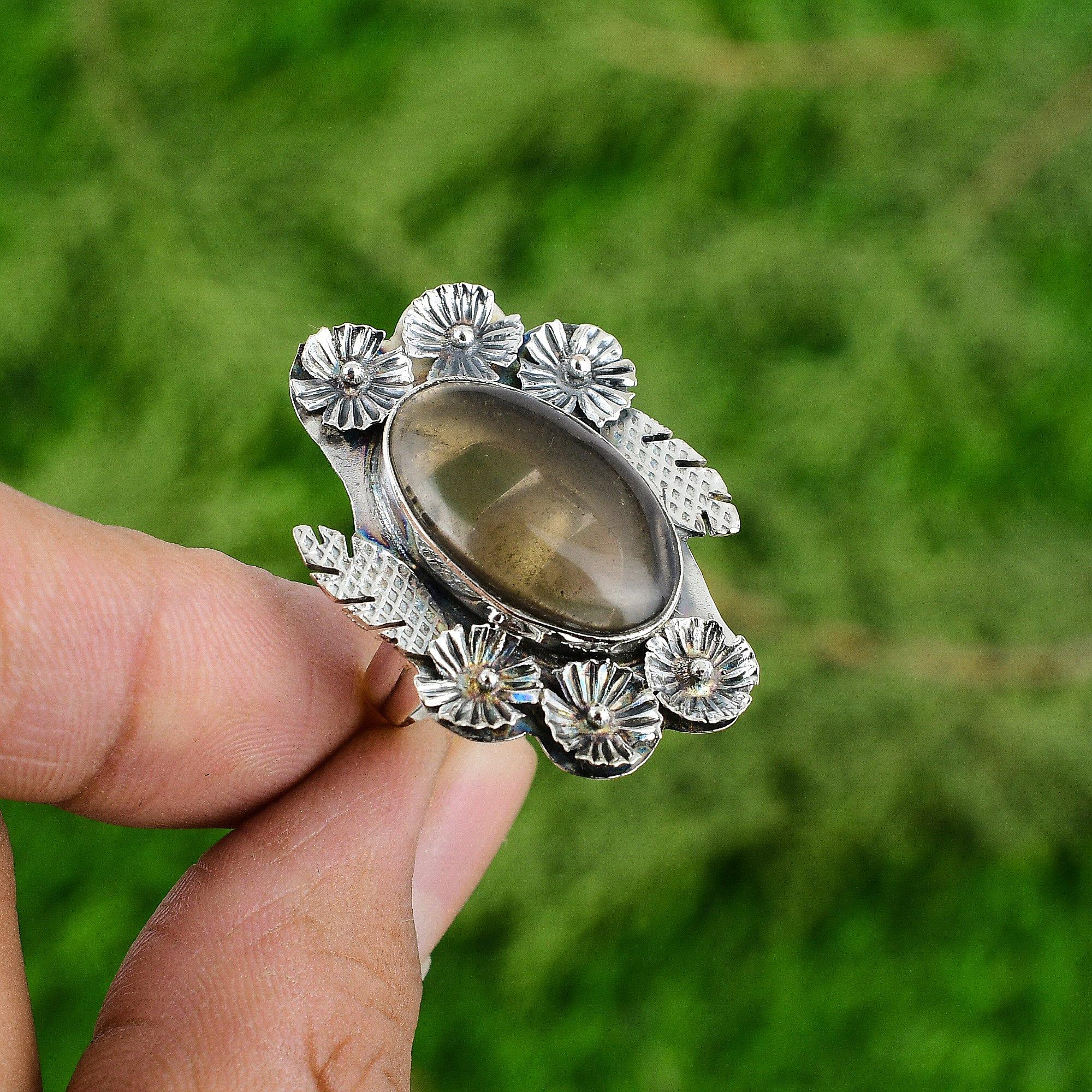 

Natural Smoky Quartz Gemstone Promise Flower Brown Adjustable Ring 925 Silver Adjustable