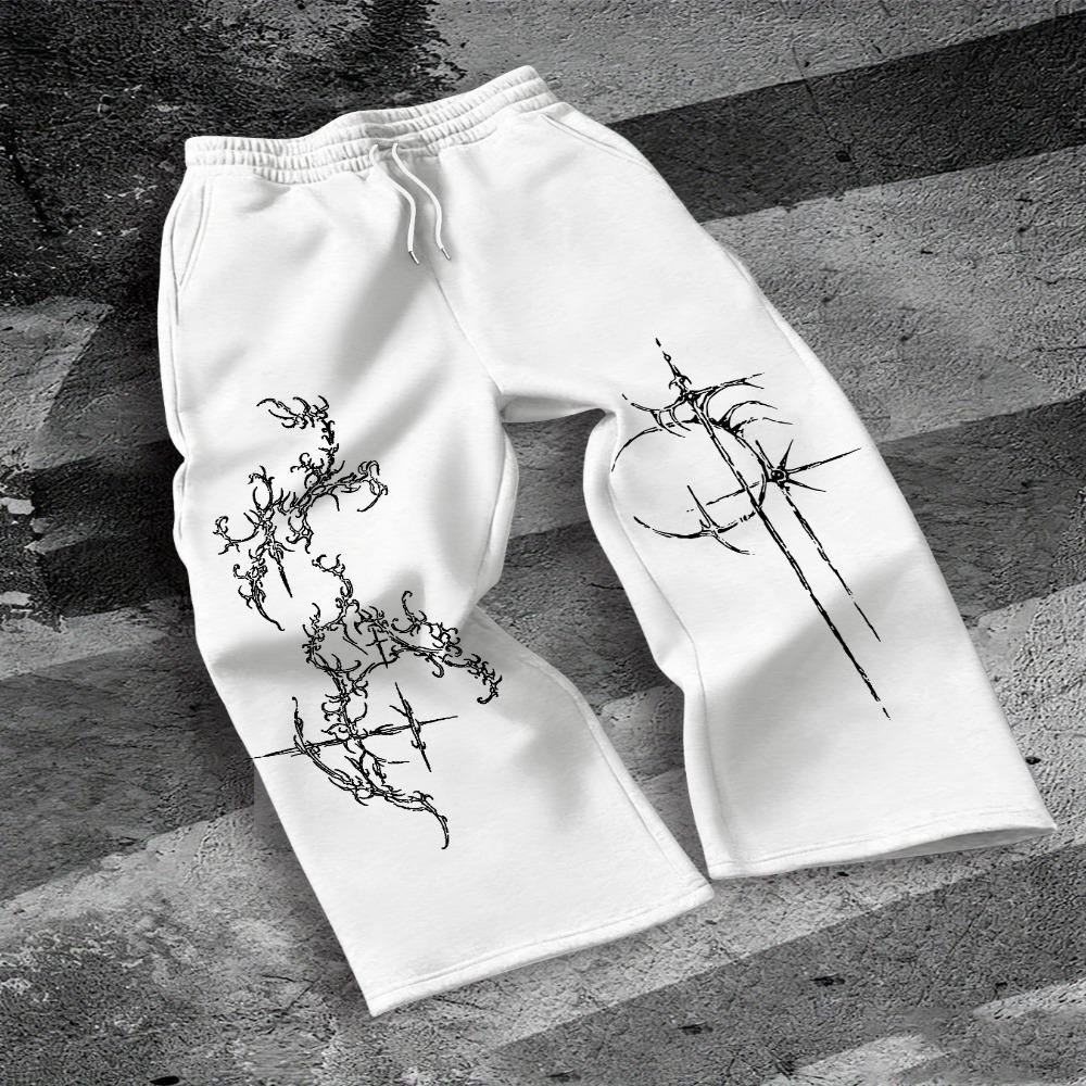 Men's Dark Style Tattoo Totem Print Casual Straight Leg Pants, European and American Fashionable Street Loose Sports Pants Rock Style