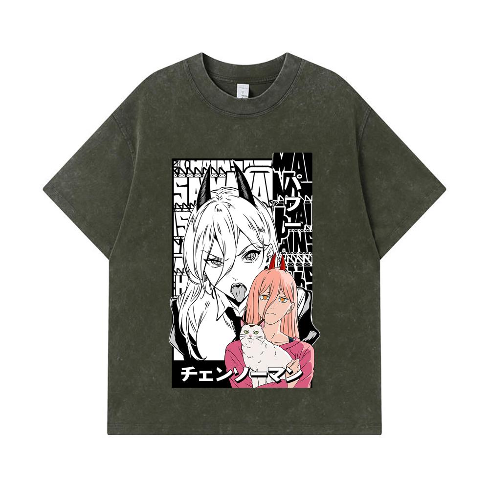 

275 GSM Washed T-shirts 100% Cotton Chainsaw Man V57 Power Print Unisex Heavy Cotton T Shirt S армия зеленый
