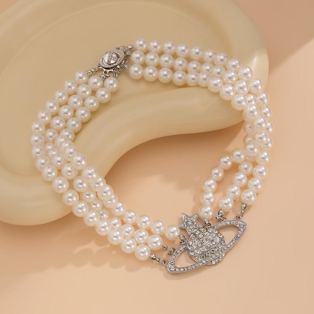 European & American Multi-Layer Imitation Pearl Star Diamond Clavicle Chain Necklace for Women