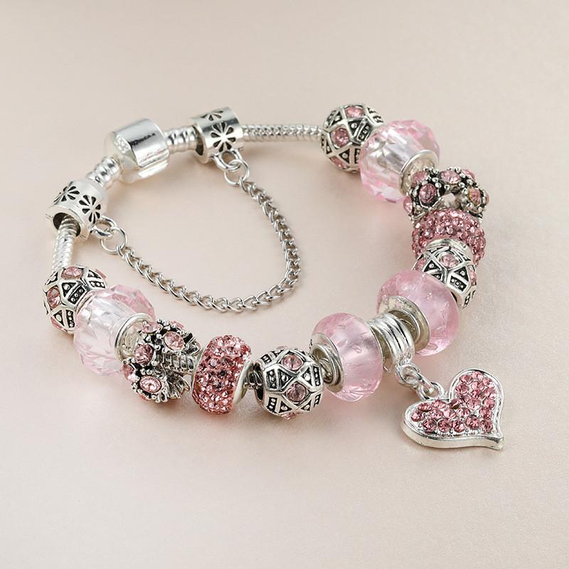 

Браслет с подвеской в ​​виде розового сердца, модный креативный женский браслет серебристого цвета «сделай сам», браслет с сердечком для пары, браслет 20cm