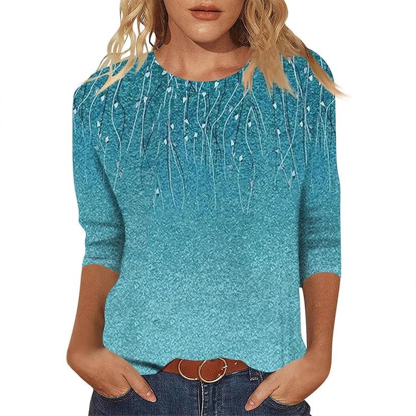 2026 Spring/Summer New Women's Fashion Printed Three-Quarter Sleeve Loose Round Neck Casual T-Shirt Top