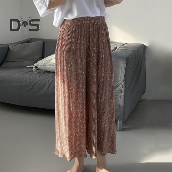 Dámské kalhoty Elastické kalhoty s vysokým pasem a širokými nohavicemi s květinovým potiskem s řaseným nařaseným dlouhým kalhotám do domácího salonku