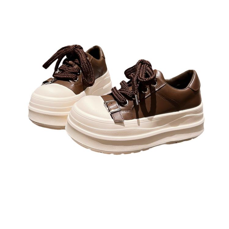 2025 Metal Buckle Leather Big Head Lace-up Thick-soled Muffin Bread Shoes Casual Board Shoes Small German Training Women's Shoes