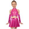 Set Costume da Danza Jazz per Bambini Scintillante Paillettes Crop Top Schiena con Foro Senza Maniche Taglie Forti Gonna a Zampa Metallizzata e Guanti con Frange di Paillettes Gara