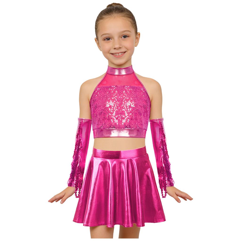 Set Costume da Danza Jazz per Bambini Scintillante Paillettes Crop Top Schiena con Foro Senza Maniche Taglie Forti Gonna a Zampa Metallizzata e Guanti con Frange di Paillettes Gara