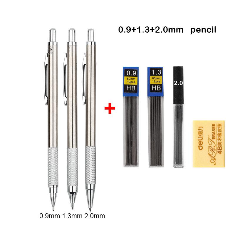 Full Metal Mechanical Pencil Set 0.3 0.5 0.7 0.9 1.3 2.0mm Art Drawing Automatic Pencil with Leads Office Kawaii School Supplies