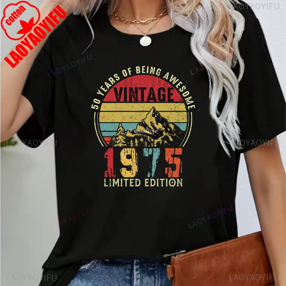 Vintage 1975 Funny 50Th Birthday Gifts 50 Years Old Retro Print T-Shirt Short Sleeve Crew Neck Casual Top for Summer & Spring