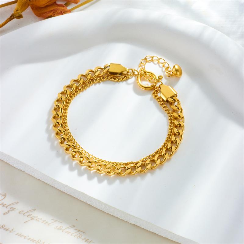 Gold Plated Double Layer Curb Chain Bracelet, Dainty Adjustable Miami Cuban Link for Women, Trendy Streetwear Jewelry