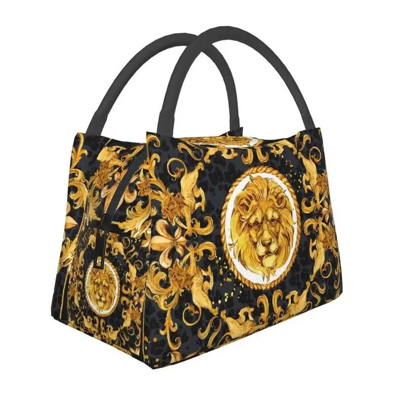 Luxury Golden Europe Floral Insulated Lunch Bag for Work Office Leakproof Thermal Cooler Lunch Box Women