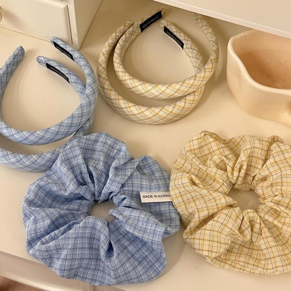 Женская сине-желтая клетчатая повязка-скранчи Gopchang Yellow check