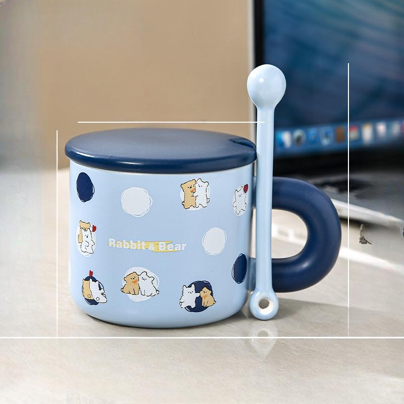 Cute Style Couple Water Cup Breakfast Cup Cartoon Blue Mug with Lid Ceramic Cup with Mixing Spoon