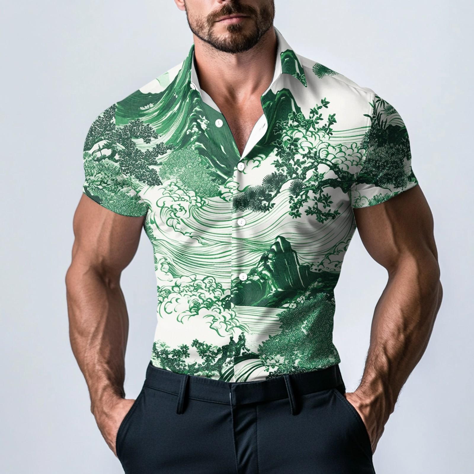 

Мужская модная атласная рубашка с коротким рукавом с принтом L зелёный