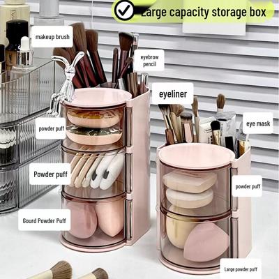 Drehbarer Mehrschichtiger Schminkorganizer: Puff, Augenbrauenstift- & Stifthalter