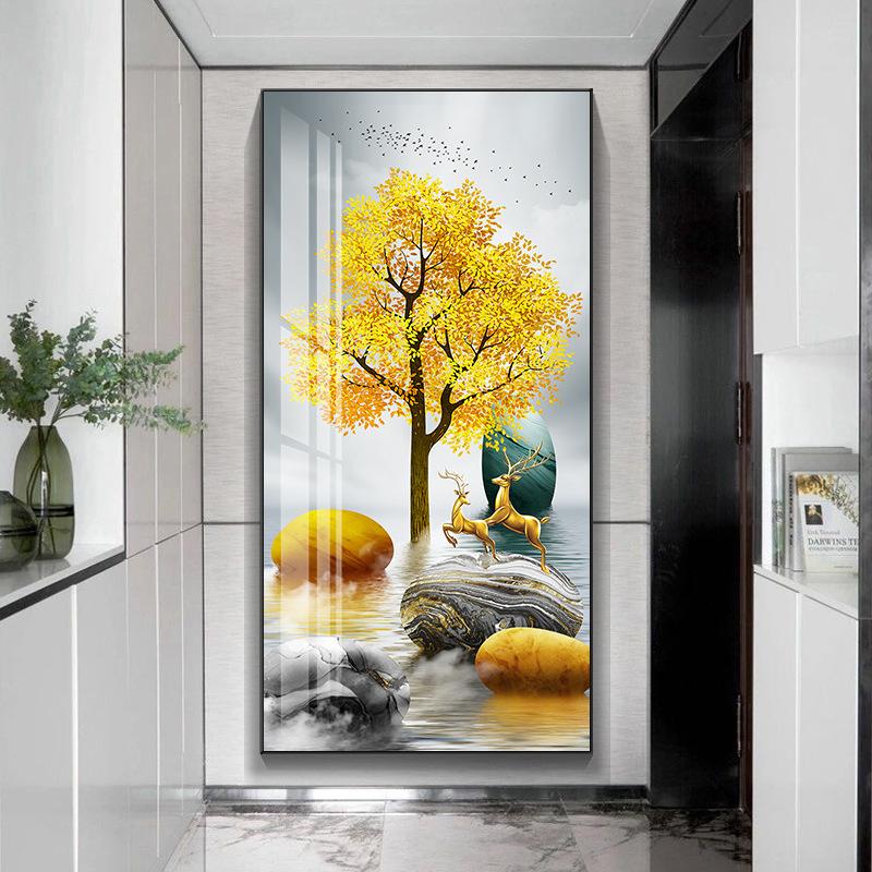 Modern Golden Rich Tree Canvas Painting Wall Art New Chinese Gold Deer Zen Stone Posters for Porch Wall Decoration Room Decor