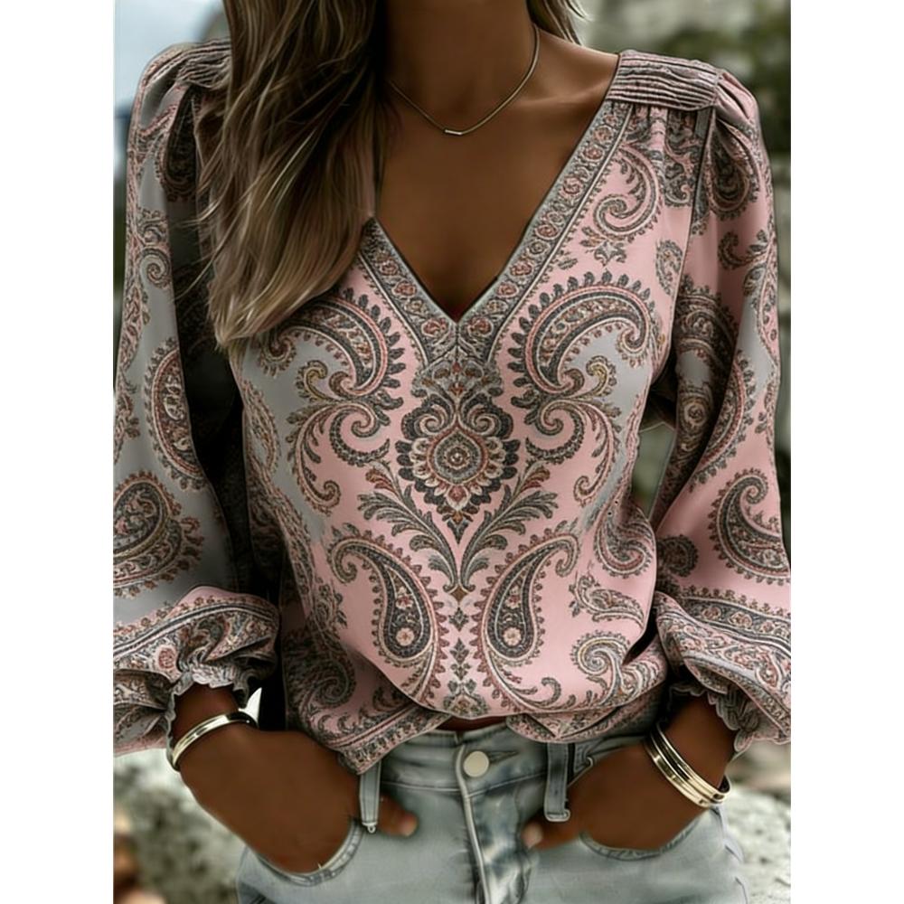 

Summer and spring new women s printed casual V-neck long-sleeved loose-fitting casual top, suitable for home leisure wear and outdoor wear. S розовый