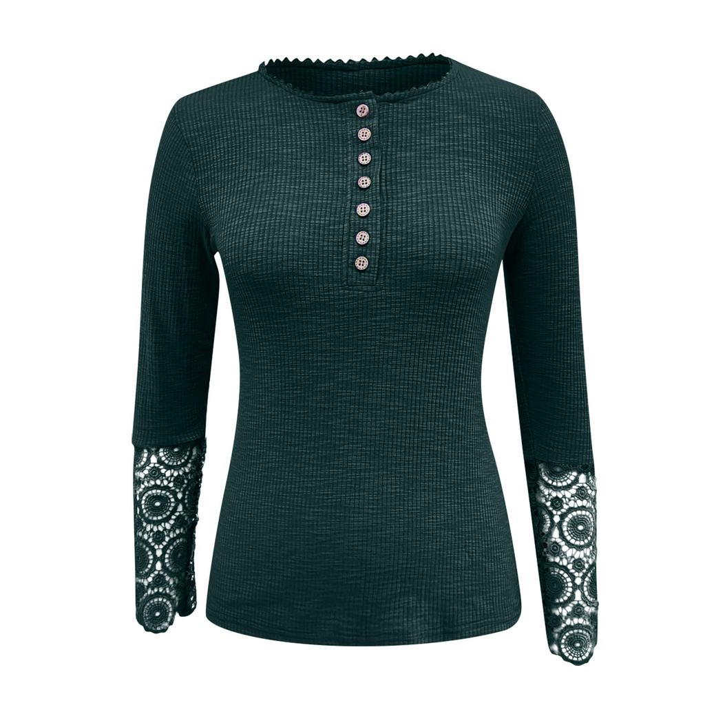 Ladies Casual Color Strip Color Slim Fit Round Neck Stitching Lace Sleeve T-Shirt